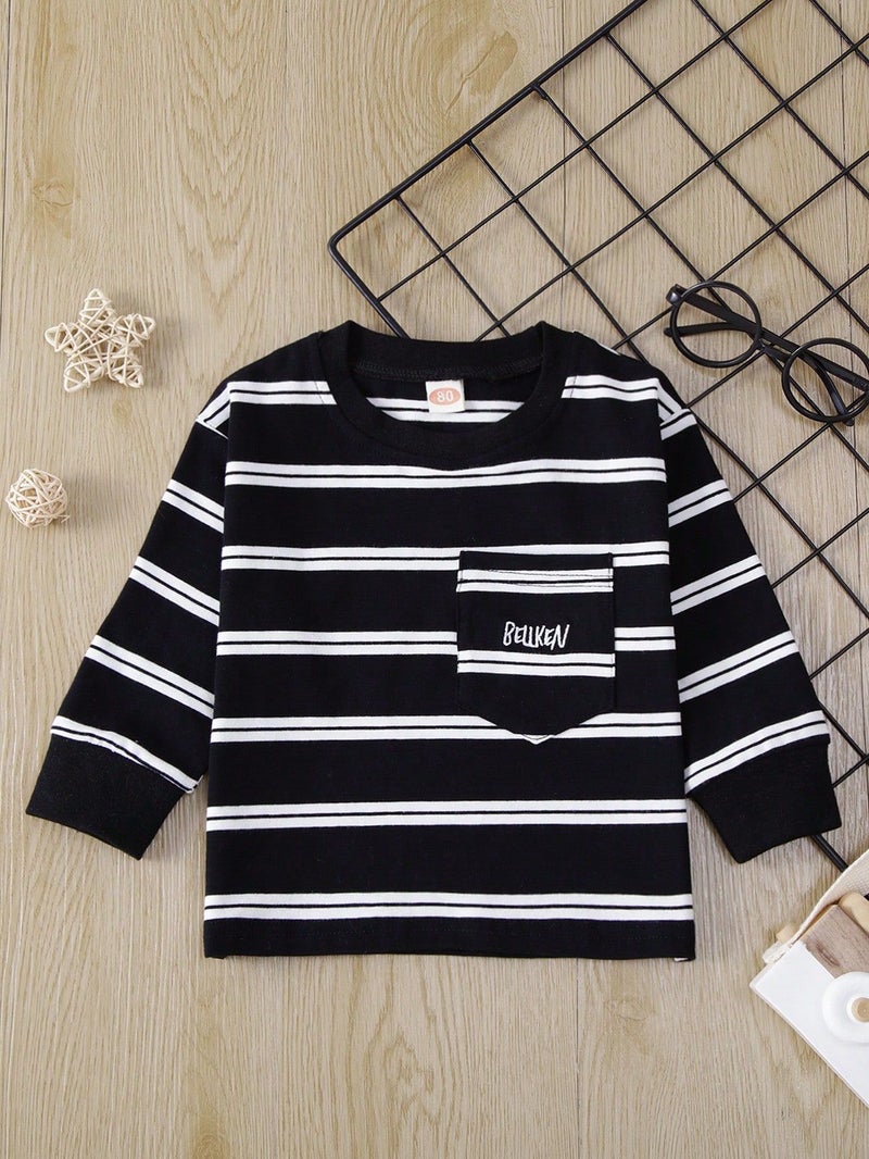 Korean Version ~ Essential Cotton Base Shirt for School, Baby Striped Embroidered T-Shirt, Boys and Girls Striped Cotton Thin Top - Image 3