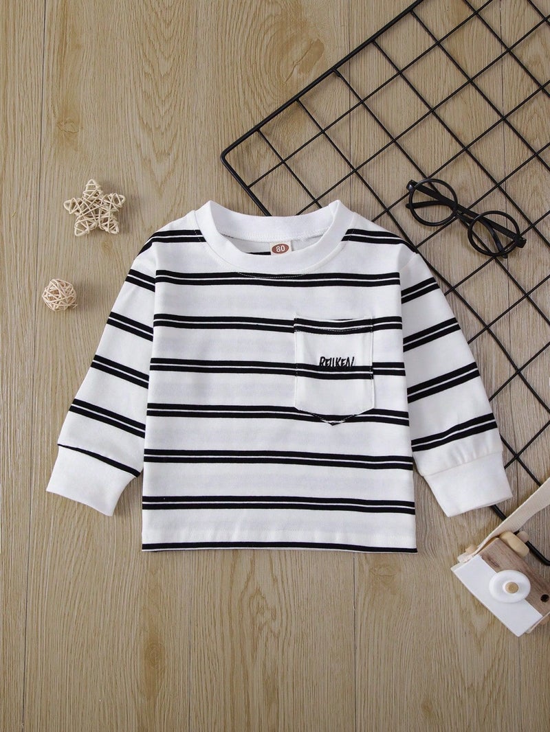 Korean Version ~ Essential Cotton Base Shirt for School, Baby Striped Embroidered T-Shirt, Boys and Girls Striped Cotton Thin Top - Image 4