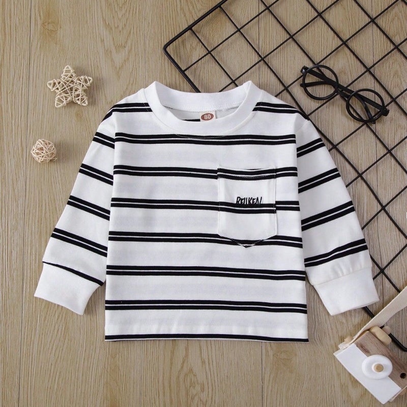 Korean Version ~ Essential Cotton Base Shirt for School, Baby Striped Embroidered T-Shirt, Boys and Girls Striped Cotton Thin Top - Image 1