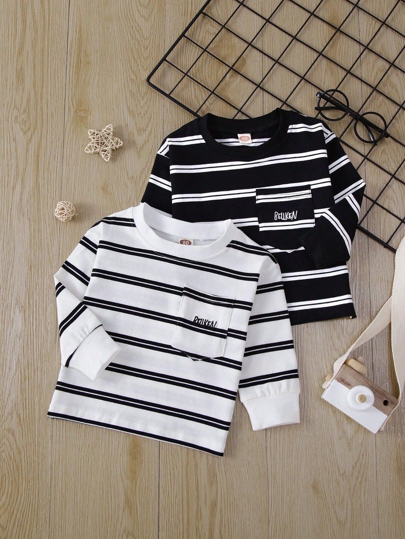 Korean Version ~ Essential Cotton Base Shirt for School, Baby Striped Embroidered T-Shirt, Boys and Girls Striped Cotton Thin Top - Image 2