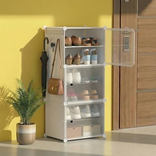 ALOXE DIY Foldable Shoe Rack | 4 Layer Plastic Shoes Rack with Door Cover | Multipurpose Stand for Home & Entryway (White) - Image 1
