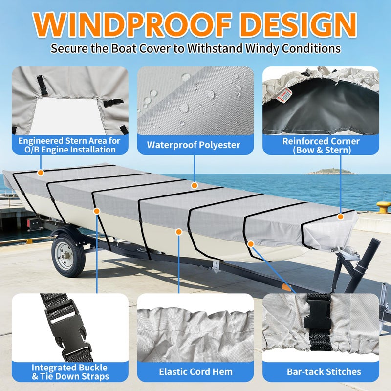 iCOVER Jon Boat Cover 16ft, Heavy Duty Waterproof Marine Grade Polyester Canvas Mooring Cover, Anti-UV Trailerable Jon Boat Covers, Fits Boats 16' Long Beam Width up to 75", Grey - Image 2