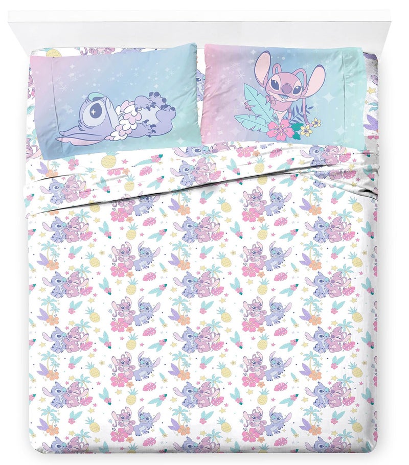 Jay Franco Disney Lilo & Stitch Full Size Sheet Set - 4 Piece Kids Bedding Includes Fitted Sheet, Flat Sheet & 2 Pillowcases - Ultra-Soft Brushed Microfiber, White Floral Stitch & Angel Design - Image 1