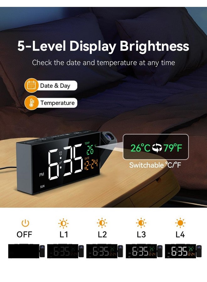 Netzu Netzu Projection Clock for Bedroom Ceiling, Alarm Clocks with 180° Rotatable Projector, Date Temperature and Weekday, Manual DST, 5 Brightness, 10 Ringtones, 4 Volumes and Snooze (Black)  - Image 3