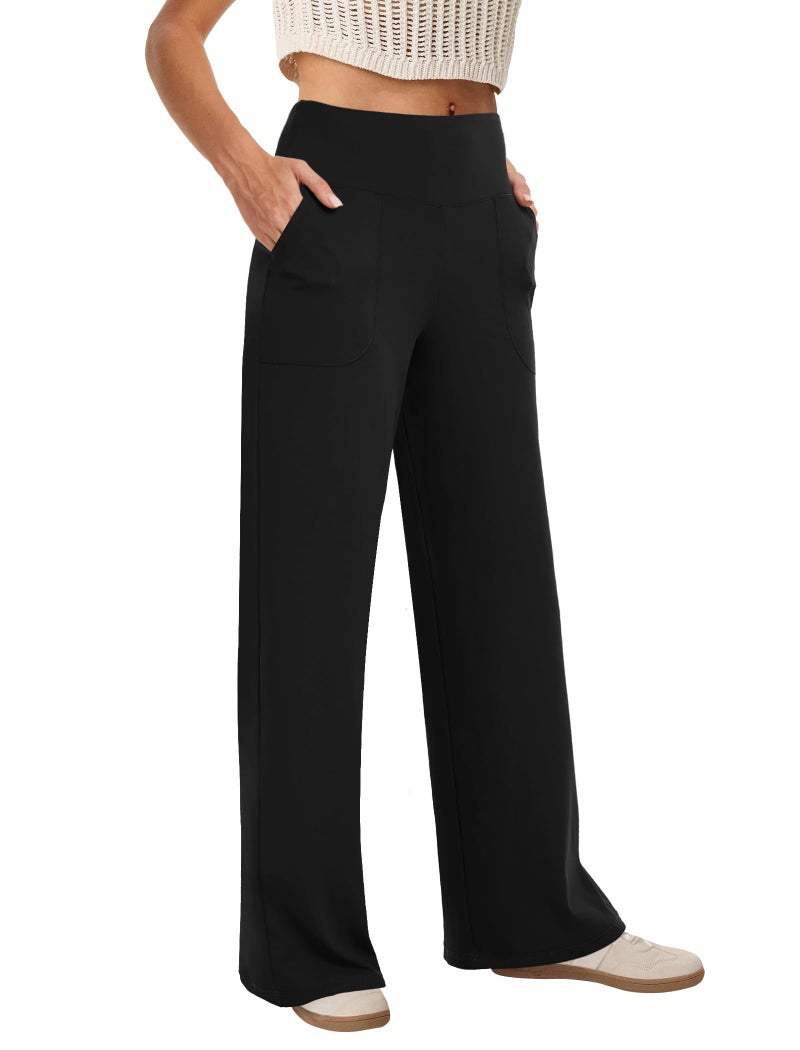 COPYLEAF Wide Leg Pants Woman High Waist Yoga Pants with Pockets Loose Stretch Dress Work Sweatpants Casual Lounge(Black L) - Image 1