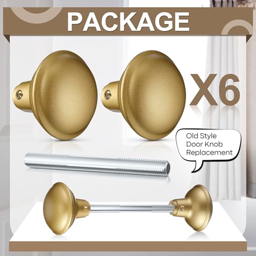 Saillong 6 Sets Vintage Style Door Knob Set with Spindle Old Style Door Knob Replacement with Electroplate Design 22inch Outside Diameter for Interior Doors Gold - Image 3