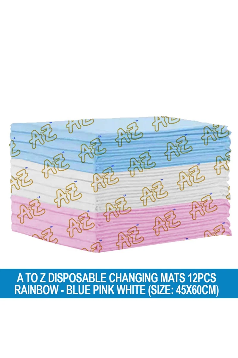 ستار بيبيز A to Z - Disposable Changing Mat size (45cm x 60cm) Large- Premium Quality for Baby Soft Ultra Absorbent Waterproof - Pack of 12 - Blue/Pink/White-Rainbow