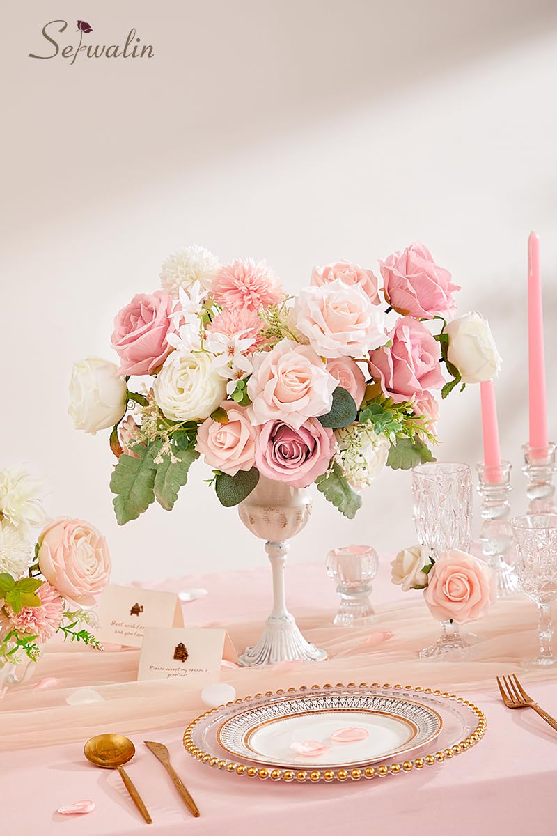 Serwalin Artificial Flowers Fake Silk Flowers for DIY Wedding Bouquets Cake Decoration Mixed Roses Combo Blush Pink and White Flower Centerpieces Arrangements for Party Table Chair Decor - Image 2