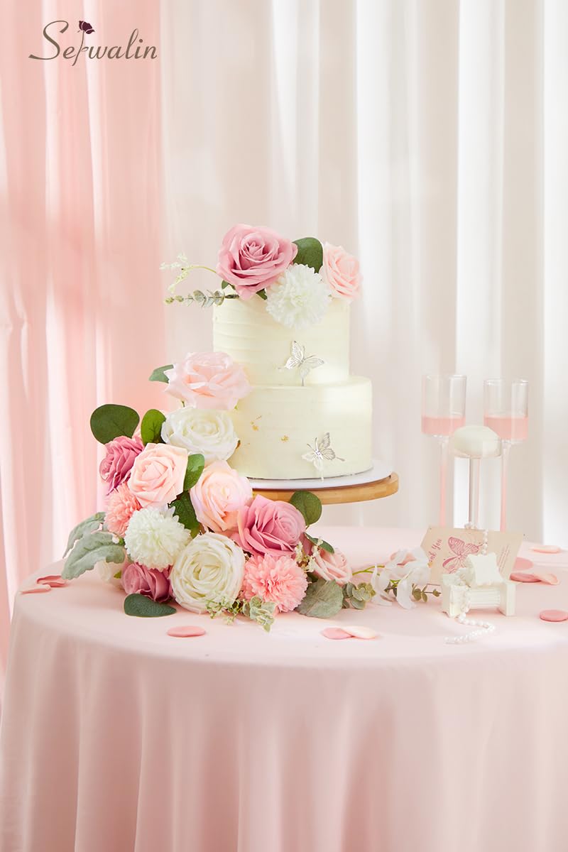Serwalin Artificial Flowers Fake Silk Flowers for DIY Wedding Bouquets Cake Decoration Mixed Roses Combo Blush Pink and White Flower Centerpieces Arrangements for Party Table Chair Decor - Image 5