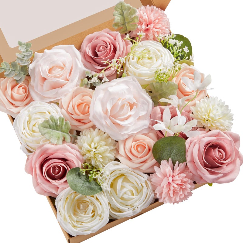 Serwalin Artificial Flowers Fake Silk Flowers for DIY Wedding Bouquets Cake Decoration Mixed Roses Combo Blush Pink and White Flower Centerpieces Arrangements for Party Table Chair Decor - Image 1