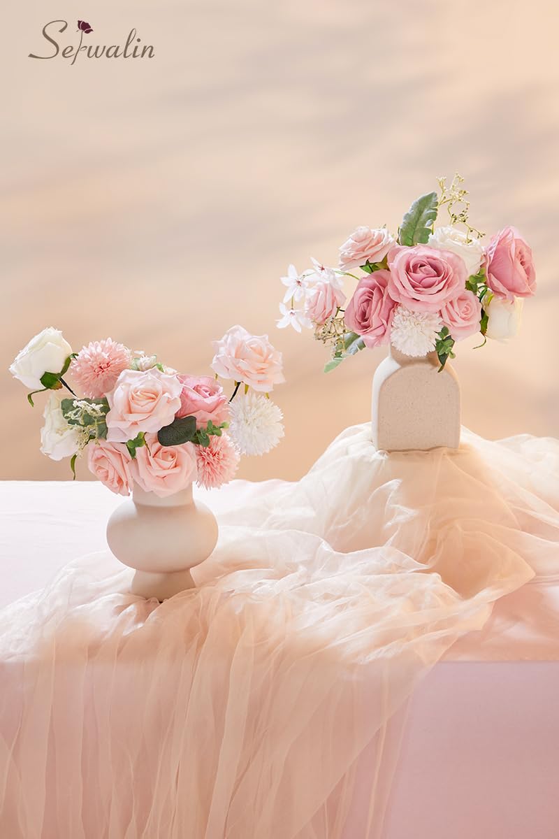 Serwalin Artificial Flowers Fake Silk Flowers for DIY Wedding Bouquets Cake Decoration Mixed Roses Combo Blush Pink and White Flower Centerpieces Arrangements for Party Table Chair Decor - Image 3