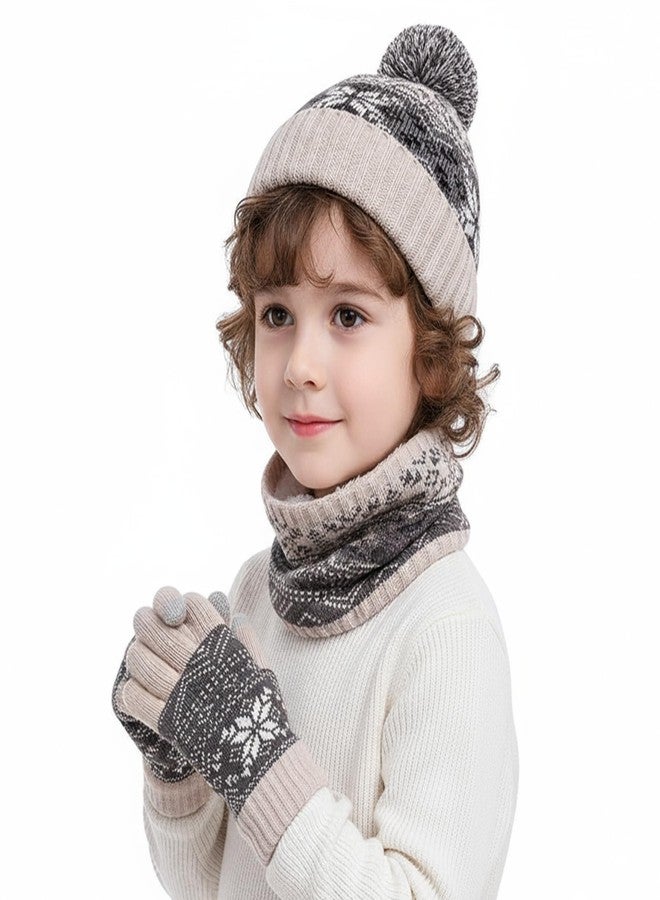 IPENNY Winter Knit Beanie Hat Scarf Gloves Set for Kids, Fleece Lining Cap with Pompom & Touchscreen Gloves for Cold Weather (3-11 Years old, Grey) - Image 2