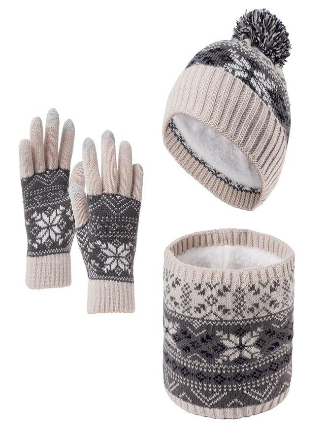 IPENNY Winter Knit Beanie Hat Scarf Gloves Set for Kids, Fleece Lining Cap with Pompom & Touchscreen Gloves for Cold Weather (3-11 Years old, Grey) - Image 1