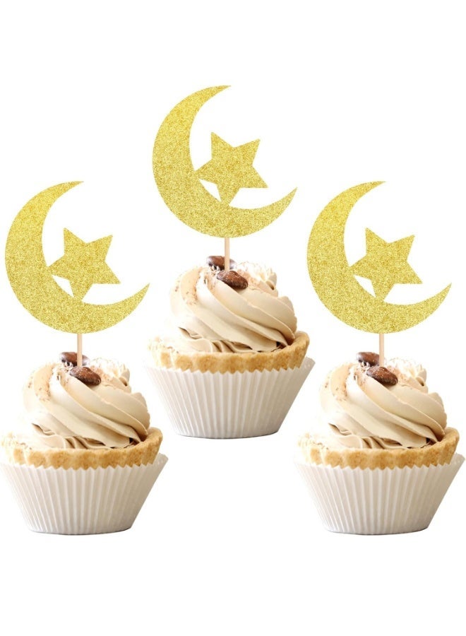 مجموعة 20 قطعة من زينة الكب كيك على شكل نجمة وقمر بريق ذهبي زينة كعكة رمضان زينة عيد مبارك حفلات استقبال المولود الجديد حفلات الخطوبة حفلات الزفاف حفلات أعياد الميلاد - Image 1