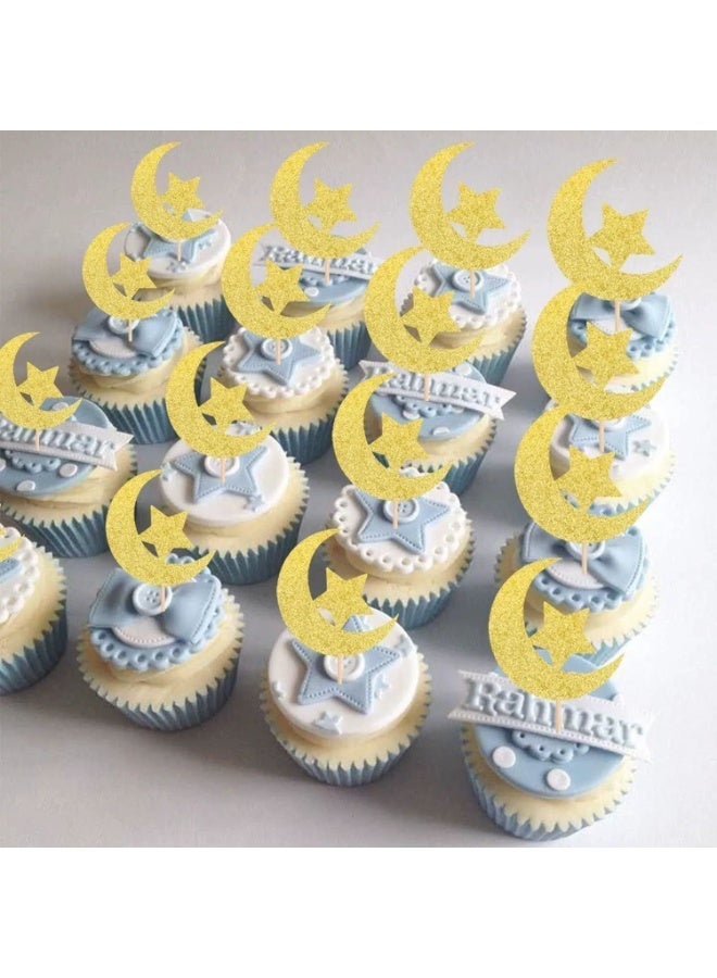 مجموعة 20 قطعة من زينة الكب كيك على شكل نجمة وقمر بريق ذهبي زينة كعكة رمضان زينة عيد مبارك حفلات استقبال المولود الجديد حفلات الخطوبة حفلات الزفاف حفلات أعياد الميلاد - Image 3