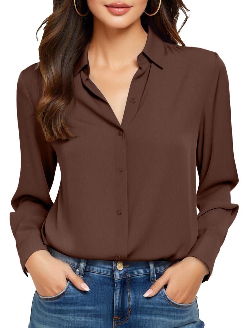 COUXILY Womens Chocolate Brown Button Down Shirt Blouse Up Outfits Women Long Sleeve for Collar Fitted Ladies Dress Collared Blouses Silk Shirts Tops Dressy Casual Business Work Top Espresso Brown M - Image 1