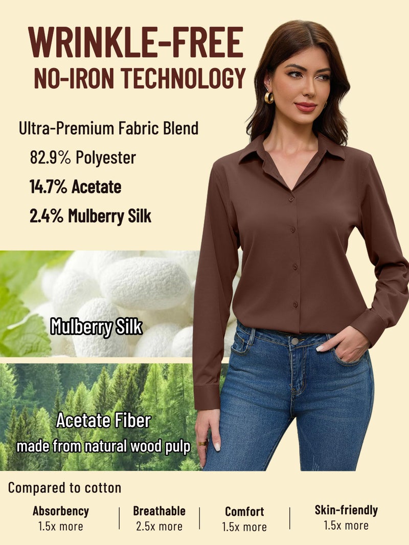 COUXILY Womens Chocolate Brown Button Down Shirt Blouse Up Outfits Women Long Sleeve for Collar Fitted Ladies Dress Collared Blouses Silk Shirts Tops Dressy Casual Business Work Top Espresso Brown M - Image 3