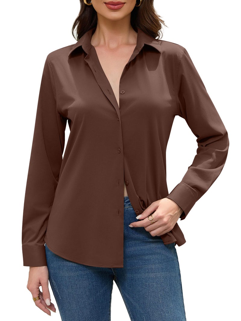 COUXILY Womens Chocolate Brown Button Down Shirt Blouse Up Outfits Women Long Sleeve for Collar Fitted Ladies Dress Collared Blouses Silk Shirts Tops Dressy Casual Business Work Top Espresso Brown M - Image 4
