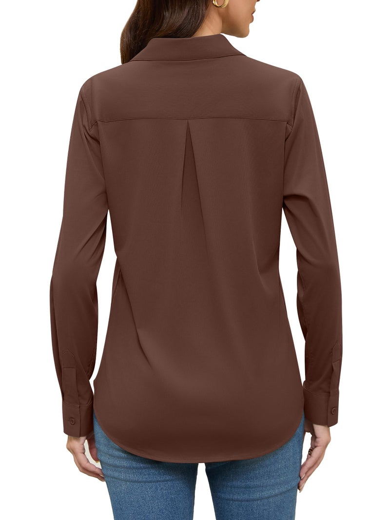 COUXILY Womens Chocolate Brown Button Down Shirt Blouse Up Outfits Women Long Sleeve for Collar Fitted Ladies Dress Collared Blouses Silk Shirts Tops Dressy Casual Business Work Top Espresso Brown M - Image 5