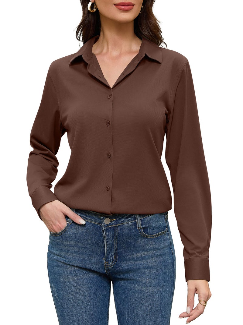 COUXILY Womens Chocolate Brown Button Down Shirt Blouse Up Outfits Women Long Sleeve for Collar Fitted Ladies Dress Collared Blouses Silk Shirts Tops Dressy Casual Business Work Top Espresso Brown M - Image 2