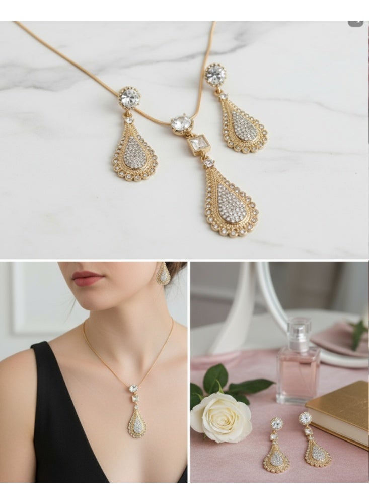 Fashion Jewelry Elegant Gold-Plated Teardrop Jewelry Set – Necklace & Earrings with Crystal Accents  Luxury Teardrop Design Necklace and Earring Set – Gold Finish with Sparkling Stones  Classic Bridal Jewelry Set – Gold-Tone Teardrop Necklace and Matching Earrings - Image 3