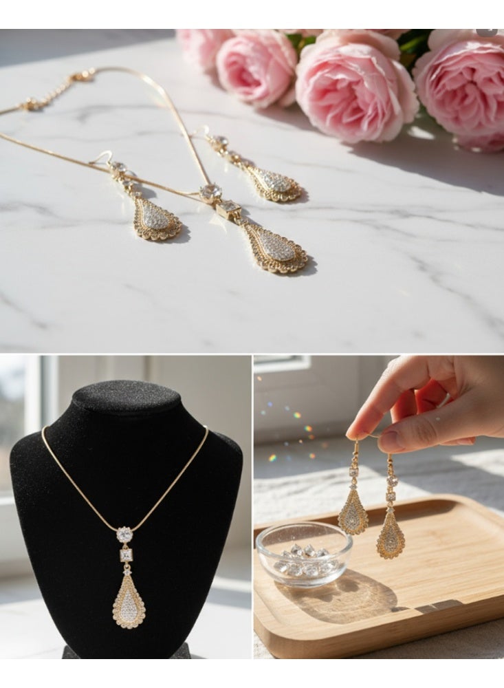Fashion Jewelry Elegant Gold-Plated Teardrop Jewelry Set – Necklace & Earrings with Crystal Accents  Luxury Teardrop Design Necklace and Earring Set – Gold Finish with Sparkling Stones  Classic Bridal Jewelry Set – Gold-Tone Teardrop Necklace and Matching Earrings - Image 2