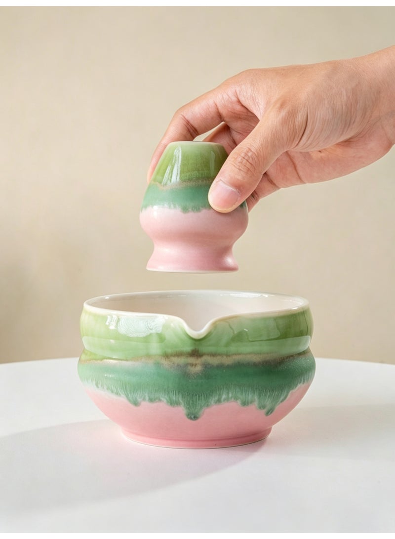 MAIDI 2-Piece Ceramic Matcha Bowl Set, Japanese Style Green Pink Gradient Tea Bowl with Spout & Whisk Holder, 550ml Traditional Matcha Preparation Bowl for Home Tea Making, Tea Ceremony, Gift for Matcha Lovers - Image 1