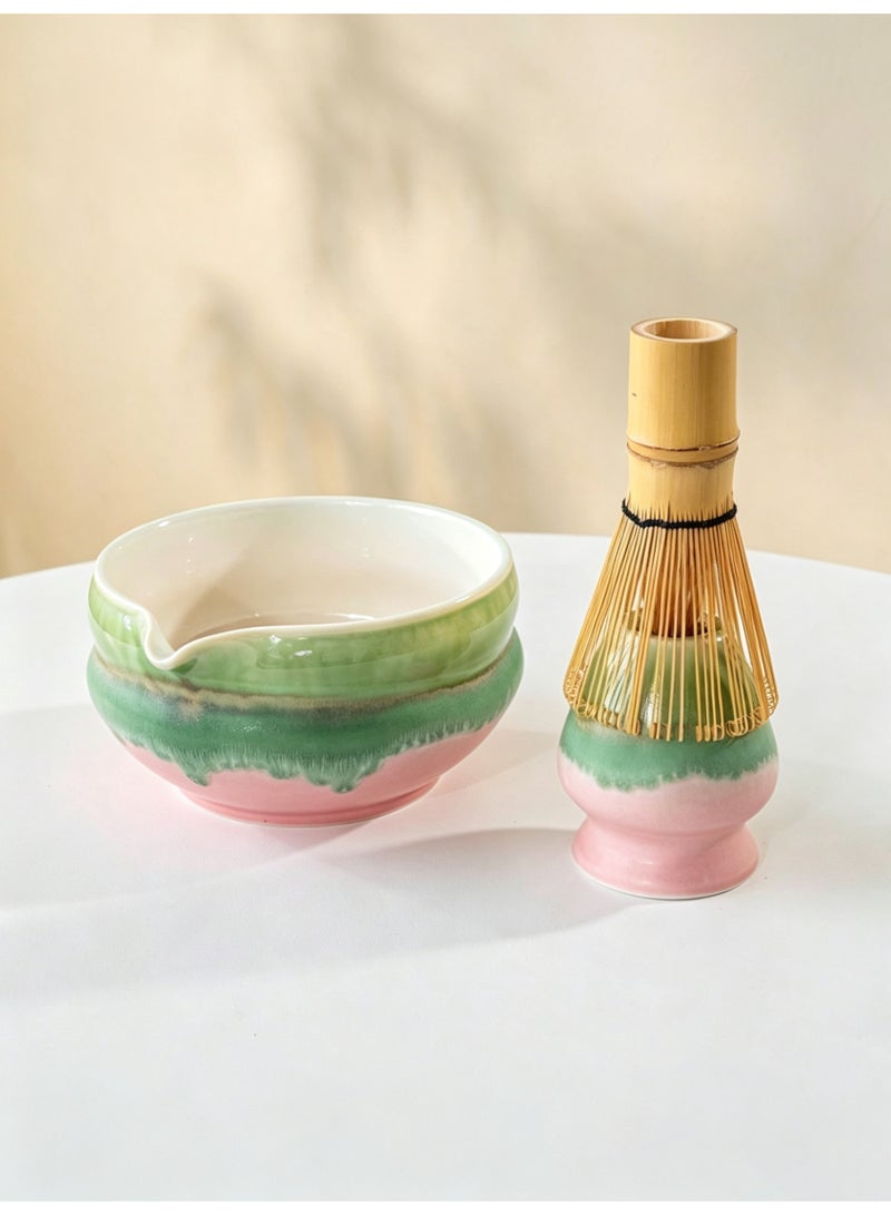 MAIDI 2-Piece Ceramic Matcha Bowl Set, Japanese Style Green Pink Gradient Tea Bowl with Spout & Whisk Holder, 550ml Traditional Matcha Preparation Bowl for Home Tea Making, Tea Ceremony, Gift for Matcha Lovers - Image 3