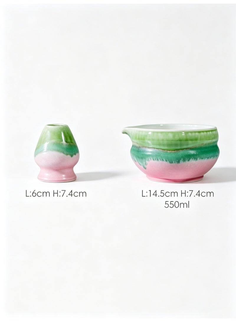 MAIDI 2-Piece Ceramic Matcha Bowl Set, Japanese Style Green Pink Gradient Tea Bowl with Spout & Whisk Holder, 550ml Traditional Matcha Preparation Bowl for Home Tea Making, Tea Ceremony, Gift for Matcha Lovers - Image 2
