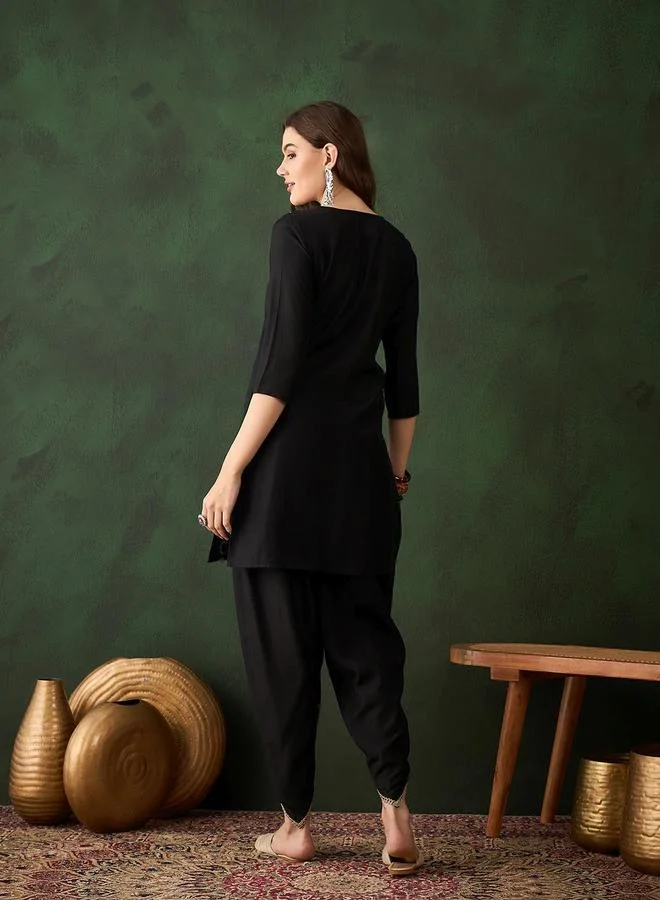 ISHIN Women's Black Viscose Silk Embellished Tunic Top With Ankle Dhoti Straight 2 Peice Kurta Set