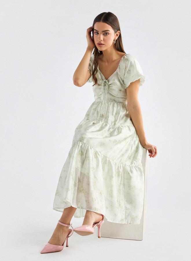 سبلاش فيڤ فستان متعدد الطبقات بياقة سويت هارت وأكمام قصيرة وطبعات زهور - Image 2