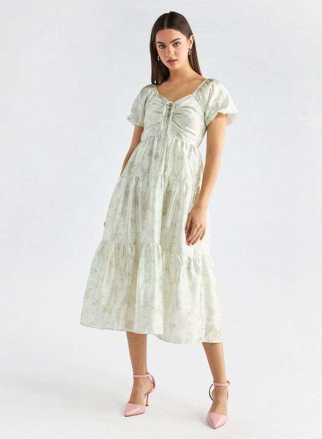 سبلاش فيڤ فستان متعدد الطبقات بياقة سويت هارت وأكمام قصيرة وطبعات زهور - Image 1