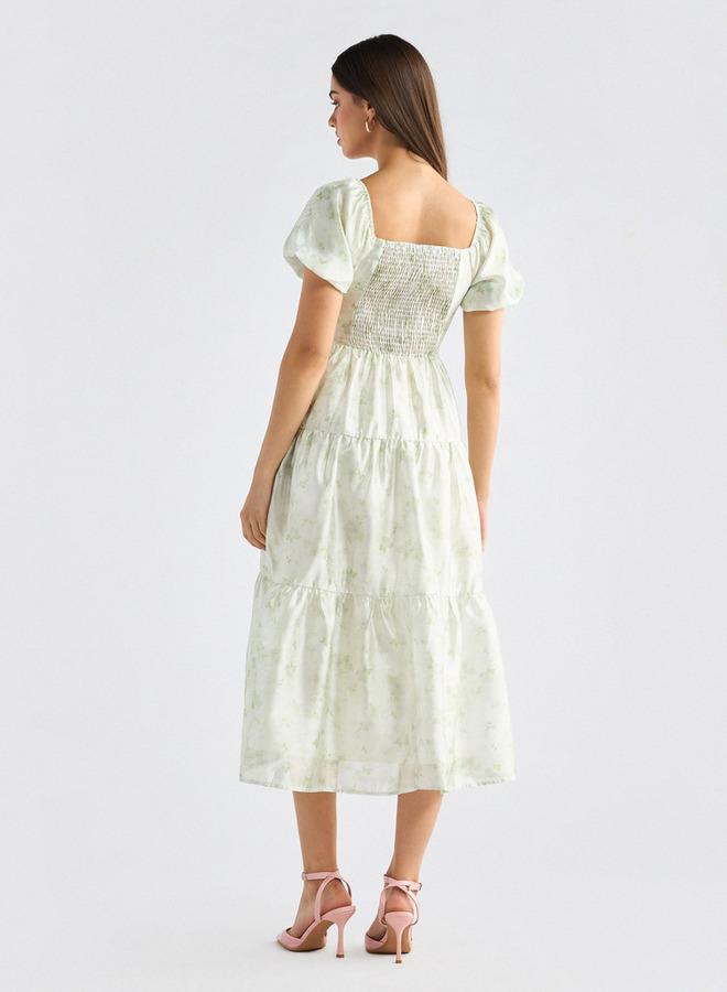 سبلاش فيڤ فستان متعدد الطبقات بياقة سويت هارت وأكمام قصيرة وطبعات زهور - Image 3