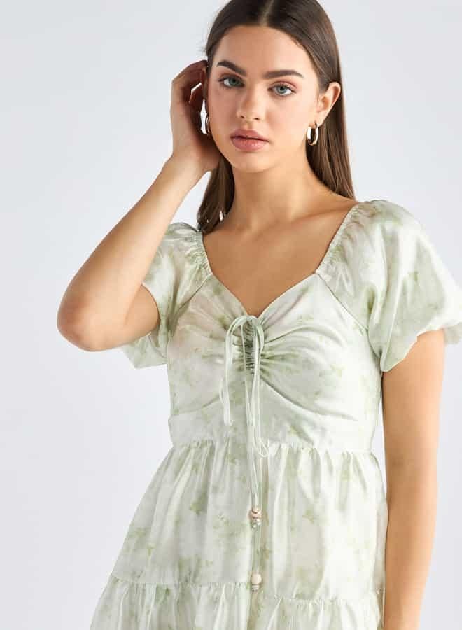 سبلاش فيڤ فستان متعدد الطبقات بياقة سويت هارت وأكمام قصيرة وطبعات زهور - Image 4