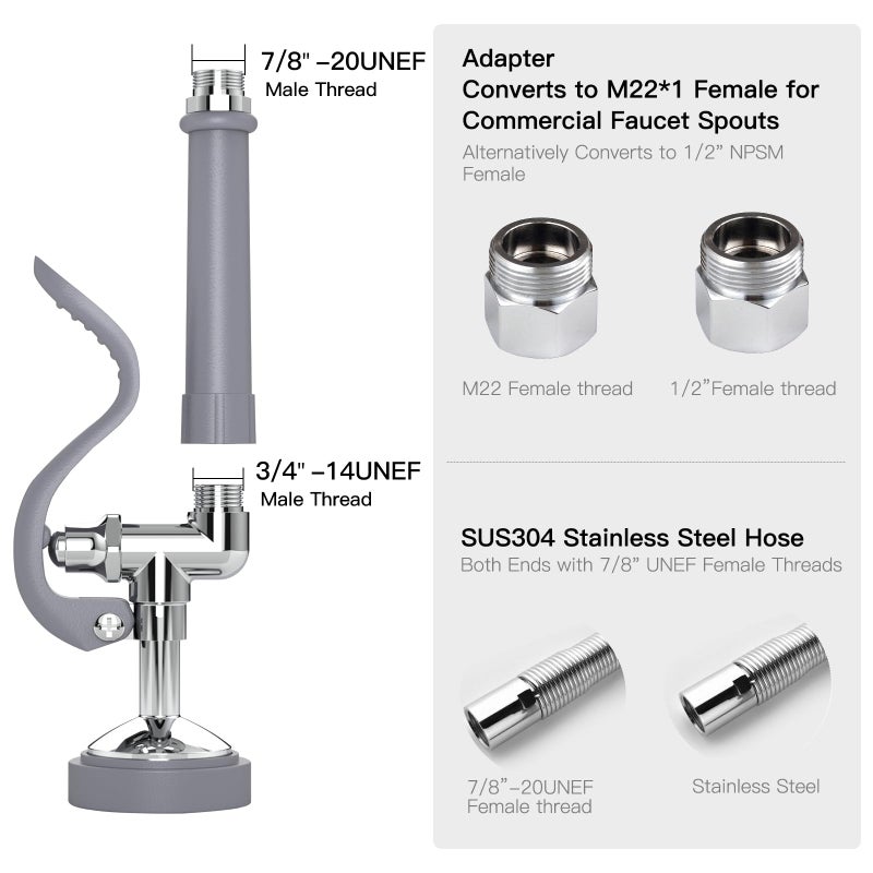 CWM Commercial Sink Sprayer with 45Flexble Stainless Steel Hose  1.42 GPM Pre Rinse Spray Valve with Ergonomic Handle  Commercial Kitchen Faucet Parts Dish Sprayer for Restaurants (Gray) - Image 2