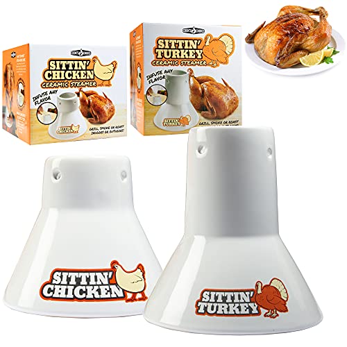 Cook's Choice Sittin' Chicken & Turkey Ceramic Beer Can Roaster & Steamer Combo Pack- Easily Infuse Flavors Into Meat- Wide Ceramic Base for Oven Or Grill Use- Meal Prep Tool for Thanksgiving Holiday Parties - Image 1