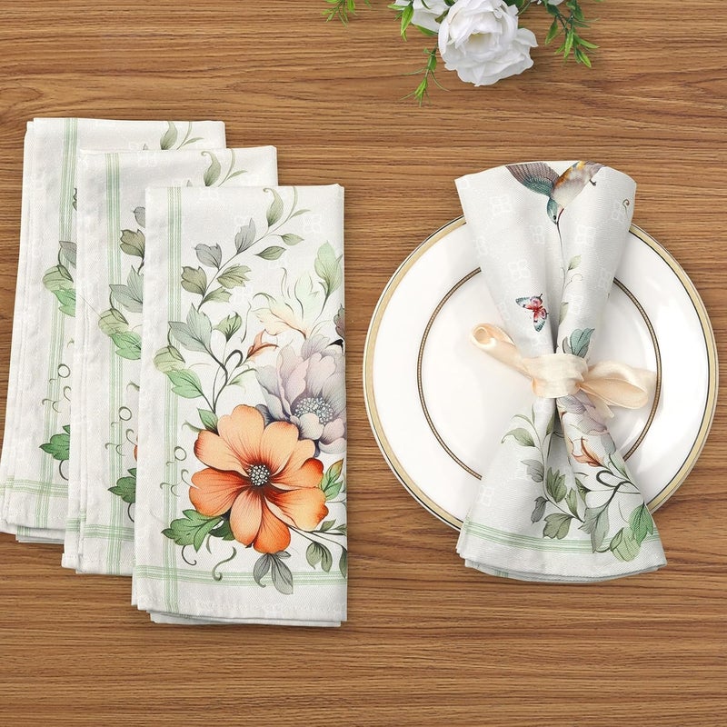 Arquiel Spring Summer Flower Bird Napkins 1818 Inch Dinner Cloth Napkins Set of 4 Washable Cotton Soft Absorbent Square Table Top Decoration for Dining Kitchen Party Wedding - Image 5
