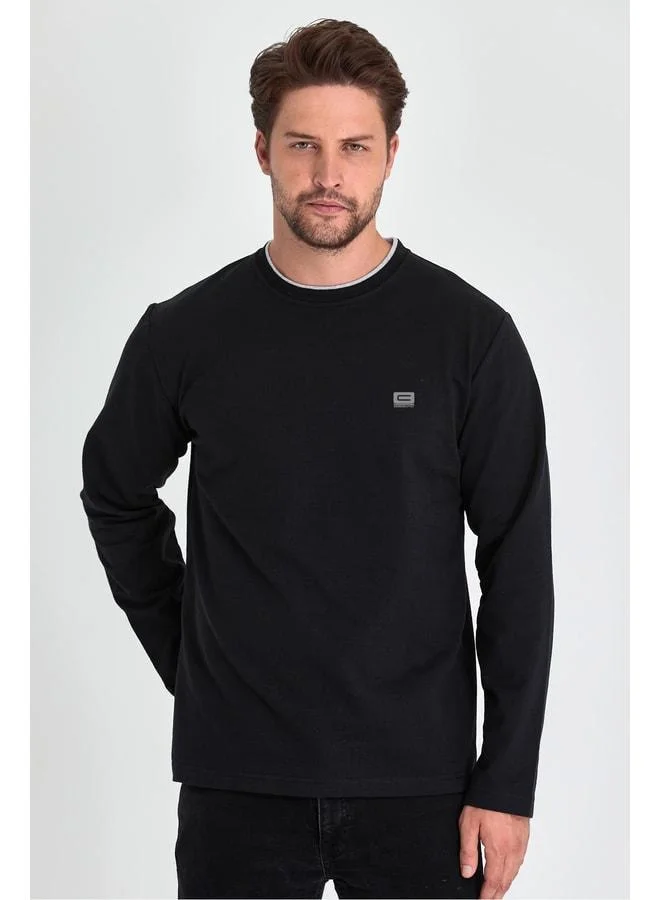 Mmetalic Men's Black Dual Crew Neck Sweatshirt with Printed Details, Standard Relaxed Fit