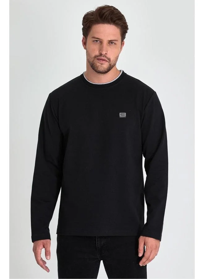 Mmetalic Men's Black Dual Crew Neck Sweatshirt with Printed Details, Standard Relaxed Fit