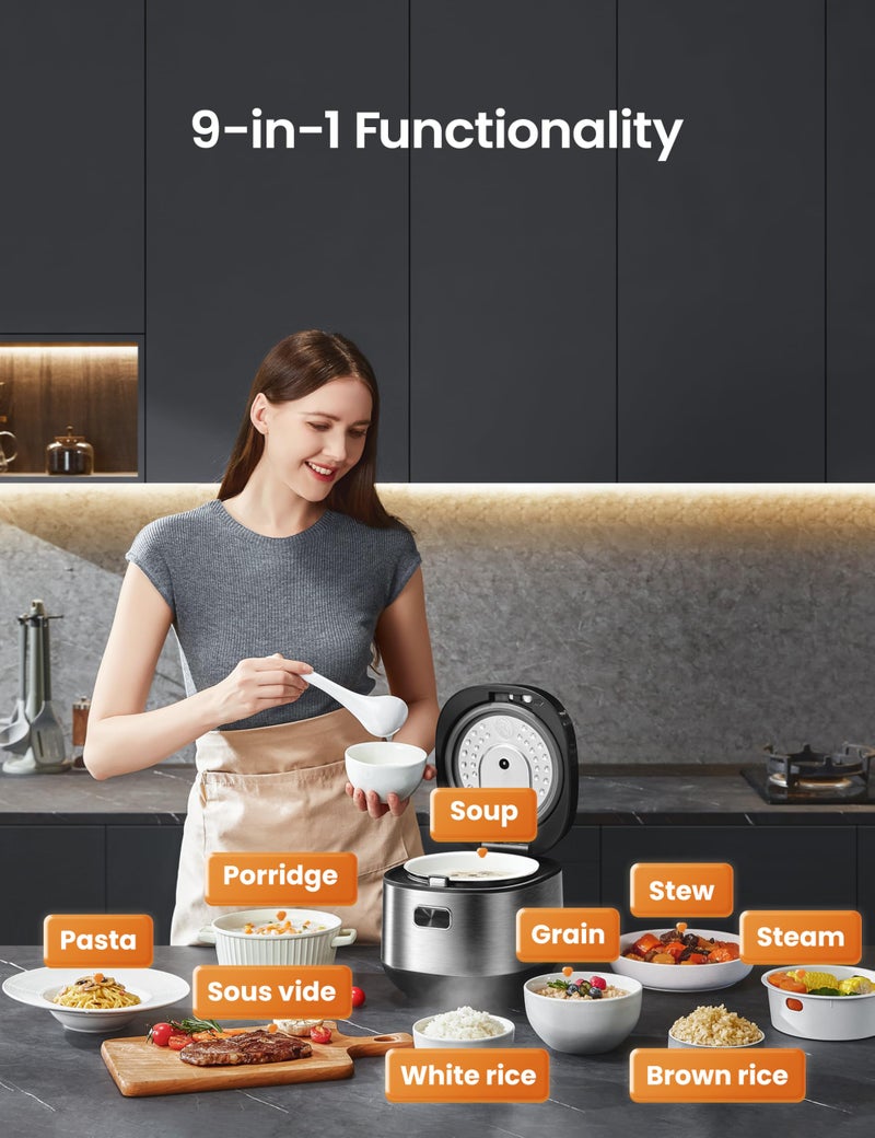 Comfee' طباخ الأرز المدمج COMFEE' سعة 8 أكواب مطبوخة/4 أكواب غير مطبوخة، 9 في 1 طباخ متعدد الاستخدامات، صانع أرز سريع، بخار، أرز بني، حبوب، تقنية المنطق الضبابي، رمادي - Image 2