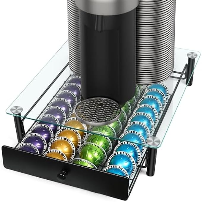 ريحني أدراج كبسولات القهوة درج حامل كبسولات زجاجية مقوى من الكريستال لكبسولات نسبريسو يحمل حتى 40 كبسولة بحجم 13X147X35 - Image 1