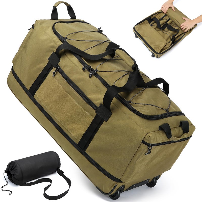 Laripwit Collapsible Duffle Bag with Wheels 130-170L Extra Large Expandable Travel Duffel Bag for Men Women Heavy Duty Military Duffle Bag for Camping Rolling Foldable Carry On Luggage, Brown - Image 1
