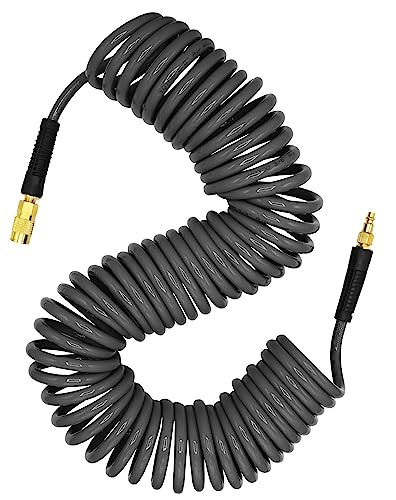 YOTOO Polyurethane Recoil Air Hose 3/8" Inner Diameter by 50' Long with Bend Restrictor, Repairable 1/4" Industrial Quick Coupler and Plug, Gray - Image 1