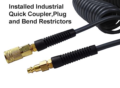 YOTOO Polyurethane Recoil Air Hose 3/8" Inner Diameter by 50' Long with Bend Restrictor, Repairable 1/4" Industrial Quick Coupler and Plug, Gray - Image 5