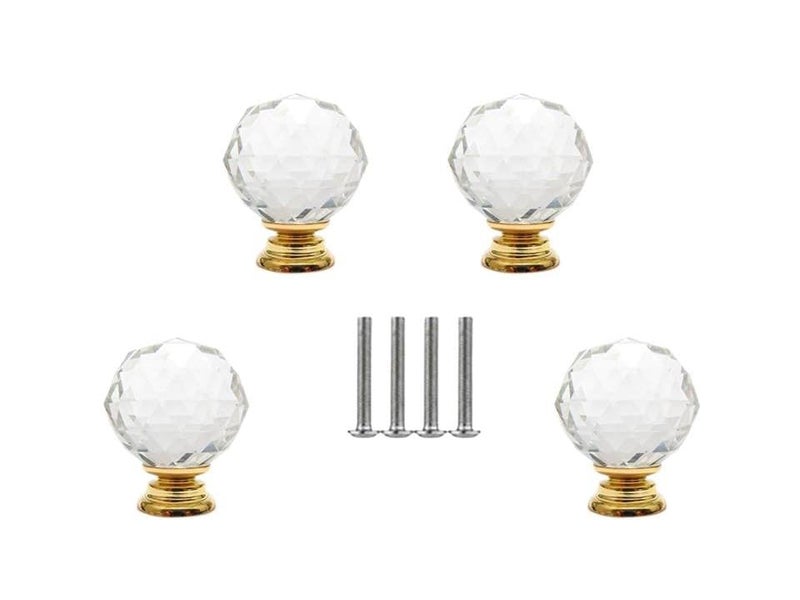 J P Hardware JP Hardware Clear Glass Crystal Diamond Shape Cabinet KnobsWardrobe Door KnobsCupboard Drawer Pull HandleGlass Dresser Knobs Pack of 4_40mm Crystal Glass Gold - Image 1