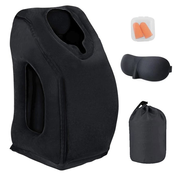 INFLATABLE TRAVEL PILLOW AIRPLANE NECK PILLOW FOR SLEEPING SUPPORTS HEAD AND CHIN FOR AIRPLANESTRAINSCARS AND OFFICE NAPPING WITH 3D EYE MASK AND EARPLUGS AND PORTABLE DRAWSTRING BAG