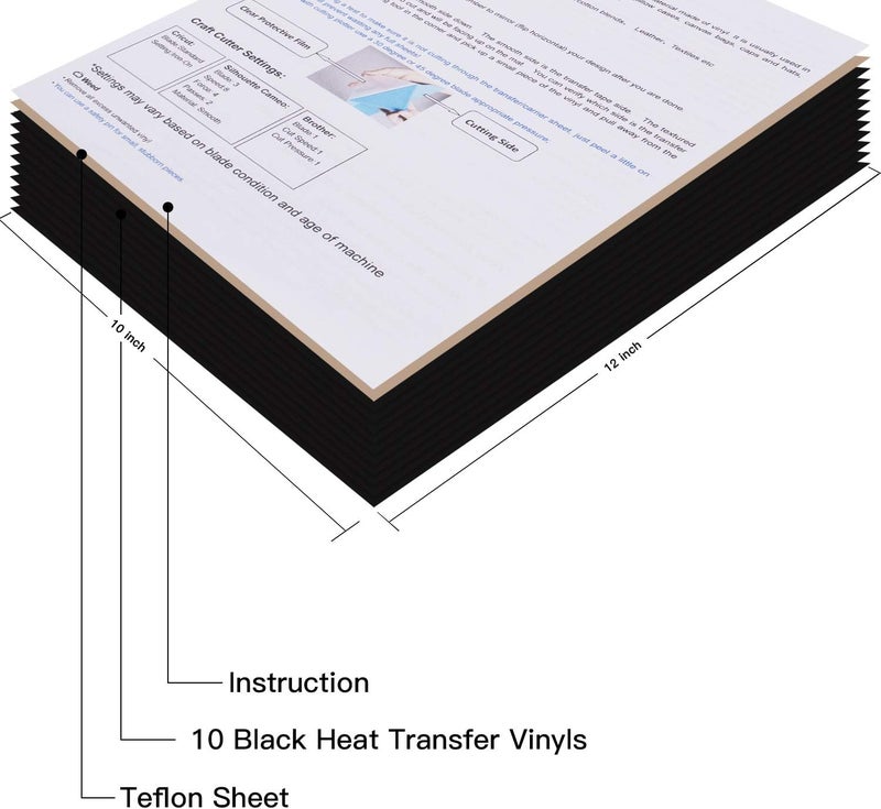 JANDJPACKAGING Black Heat Transfer Vinyl for T- Shirts- 10 Sheets,10"x12" Black HTV Iron On Vinyl for Cricut and Silhouette Cameo Including Teflon Sheet - Image 2