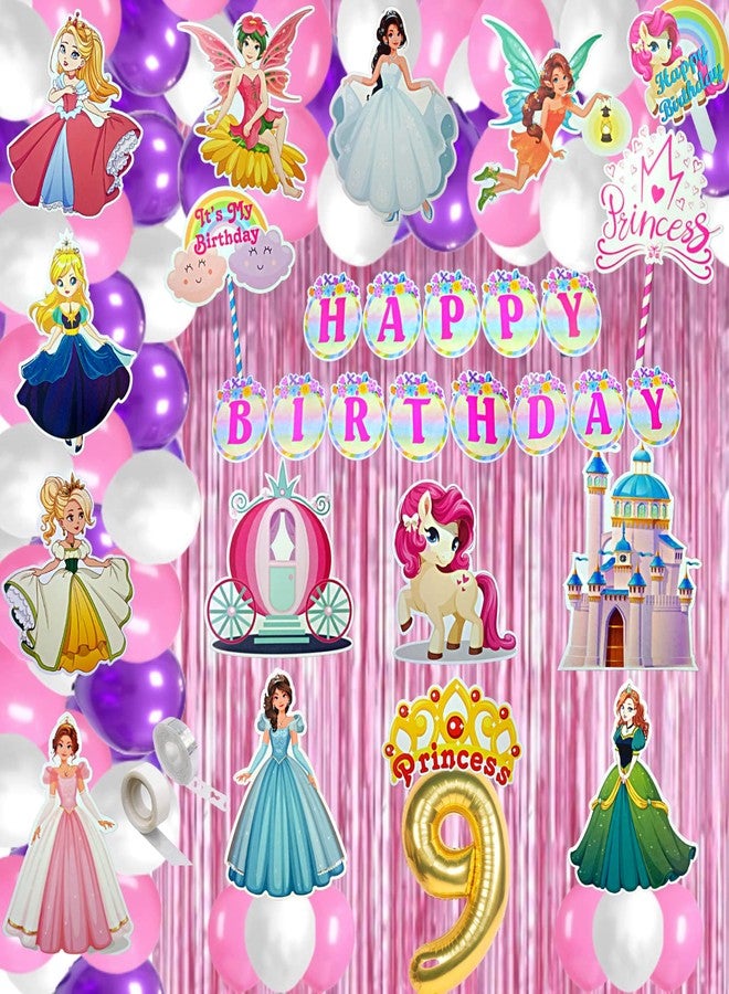 FI - FLICK IN 72 pcs 9th Birthday Decoration for Girls Curtain Backdrop Pumpkin Car Castle Cutouts 9th Birthday Princess Decoration for Girls Elsa Bday Theme Decorations (Pack of 72, Multicolor) - Image 1