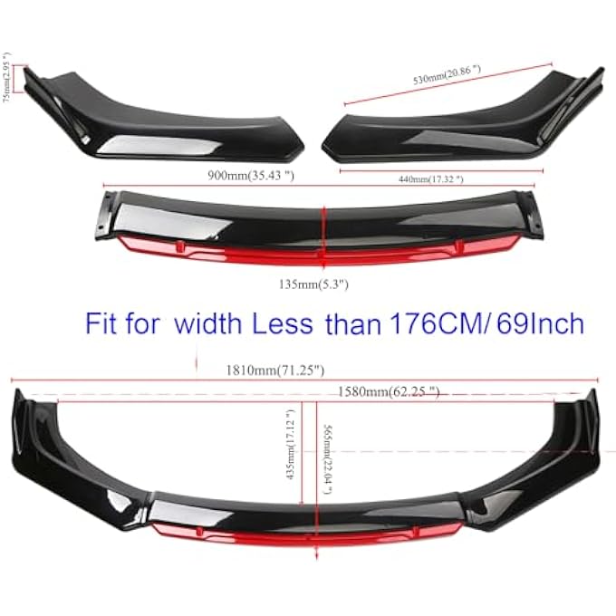 Aokzeeo Universal Red Front Bumper Lip Chin Spoiler PP Front Bumper Lip Sopiler Wing Body with Adjustable 8"-11" Support Splitter Rod - Image 2