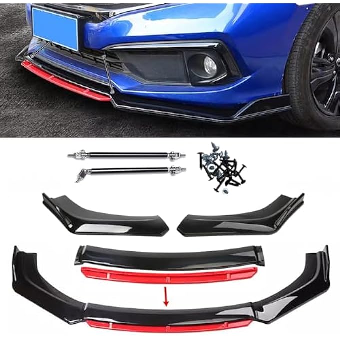 Aokzeeo Universal Red Front Bumper Lip Chin Spoiler PP Front Bumper Lip Sopiler Wing Body with Adjustable 8"-11" Support Splitter Rod - Image 1